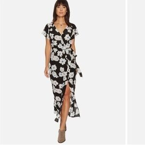 Lucky Brand Boho Floral Silk Maxi Dress V-neck Navy Blue Black White Size L